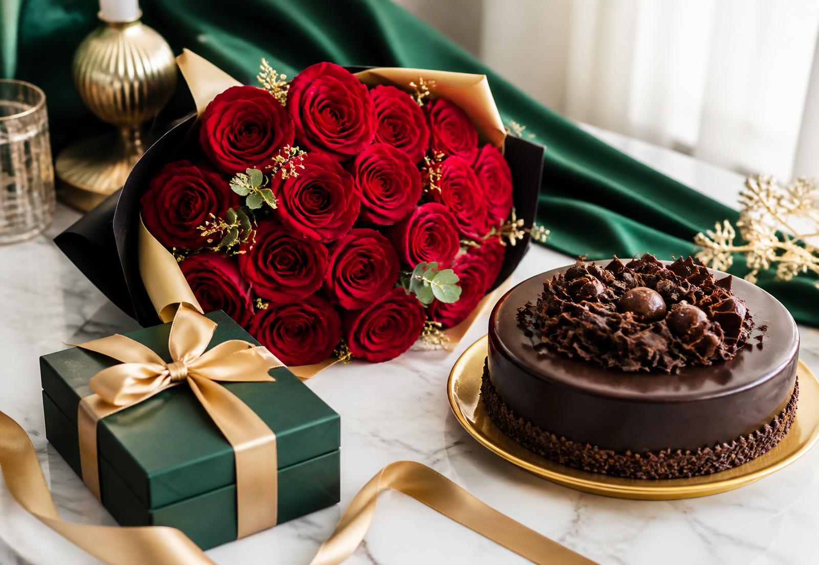 Red rose bouquet, emerald gift box and chocolate cake ready for delivery in Lahore
